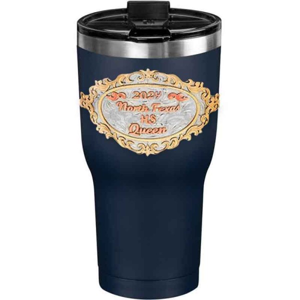 A customized tumbler made of stainless steel with a personalized engraved initials and North Texas High School Queen lettering, 30 oz, ideal for coffee or cool drinks